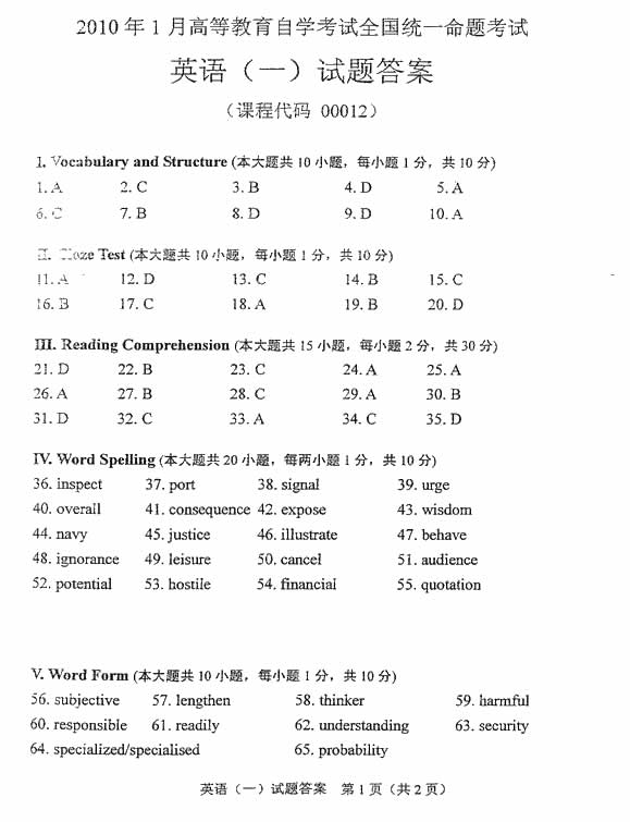 全国2010年1月小自考英语（一）试题答案