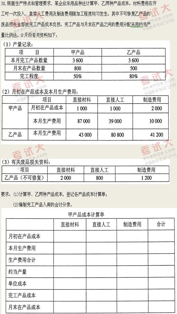 全国2011年1月高等教育自学考试成本会计试题